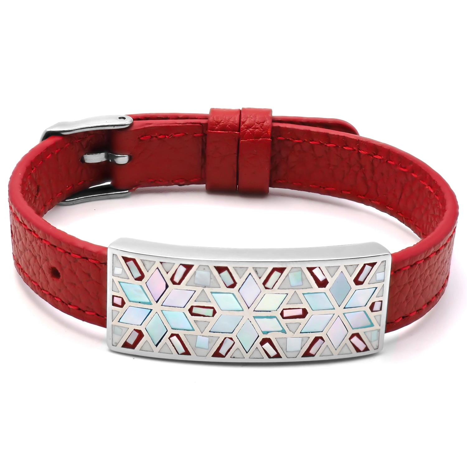 Bracelet Acier Mail Nacre Cuir Rouge Largeur Cm Bracele