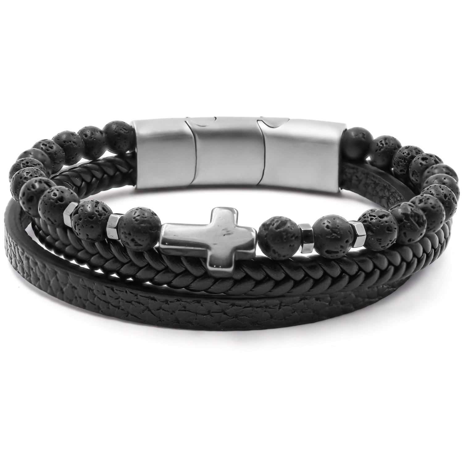 Bracelet Acier Pour Homme Imitation Cuir 2 Rangs En Cuir Noir 1