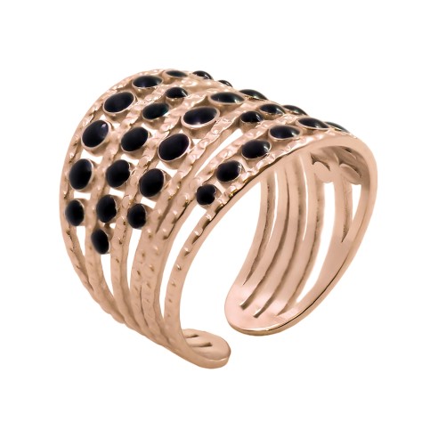 Bague réglable acier - PVD rosé - email noire - Taille réglable 52 à 57