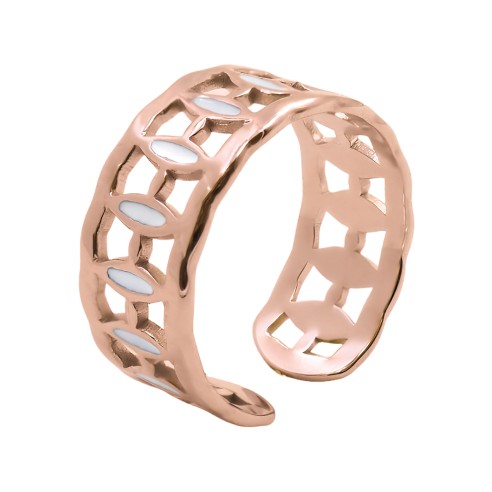 Bague réglable acier - PVD rosé - email blanche - Taille réglable 52 à 57