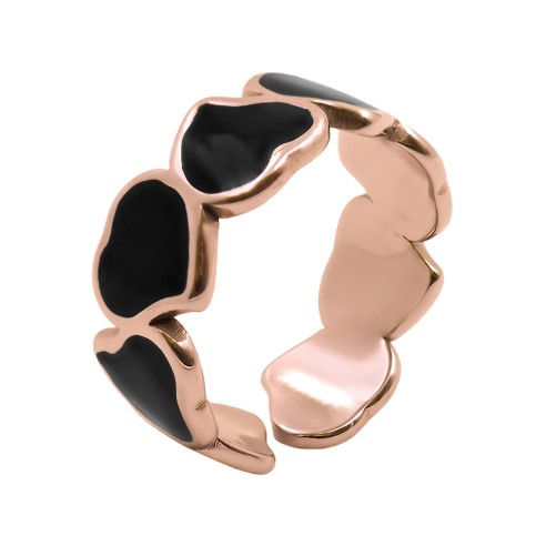 Bague réglable acier - PVD rosé - email noire - Taille réglable 52 à 57