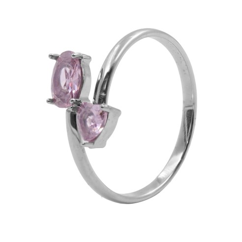 Bague réglable acier - zircon rose - Taille réglable 52 à 57