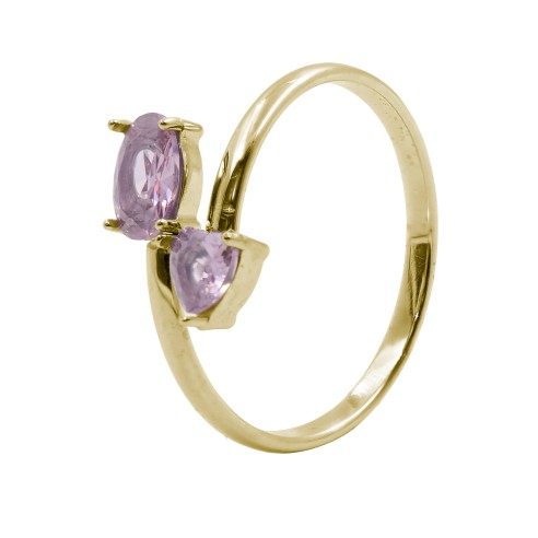 Bague réglable acier - PVD doré - zircon rose - Taille réglable 52 à 57