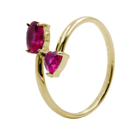 Bague réglable acier - PVD doré - zircon imitation rubis - Taille réglable 52 à 57