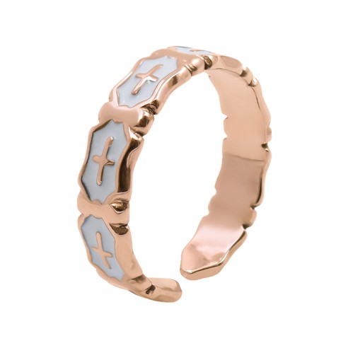 Bague réglable acier - PVD rosé - email blanche - Taille réglable 52 à 57