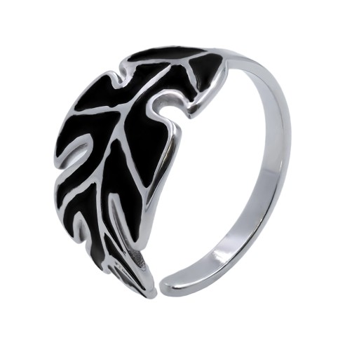 Bague réglable acier - feuille - email noire - Taille réglable 52 à 57