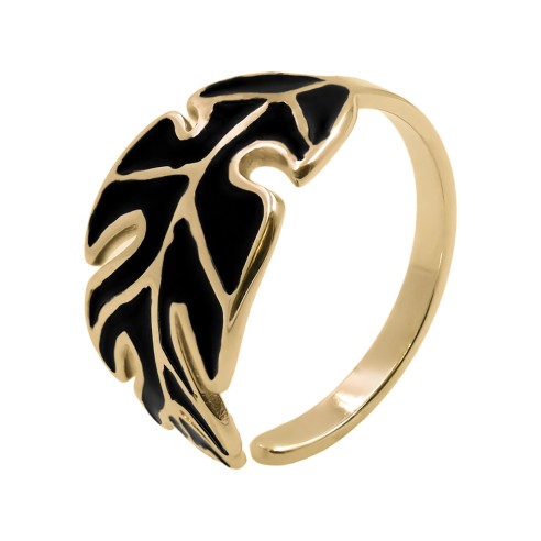 Bague réglable acier - PVD doré - feuille - email noire - Taille réglable 52 à 57