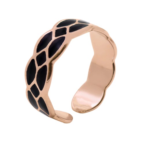 Bague réglable acier - PVD rosé - email noire - Taille réglable 52 à 57