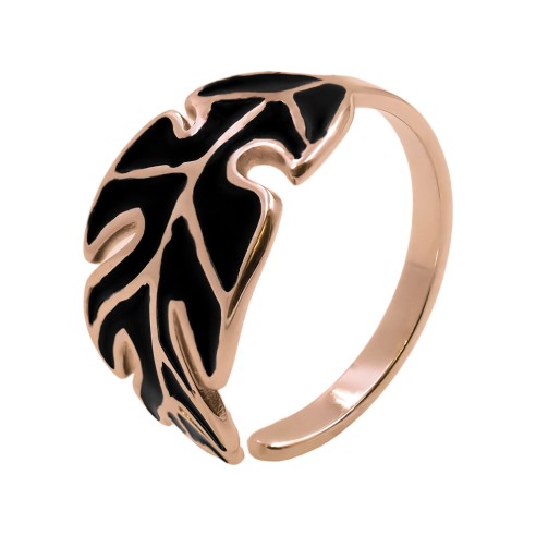 Bague réglable acier - PVD rosé -  feuille - email noire - Taille réglable 52 à 57