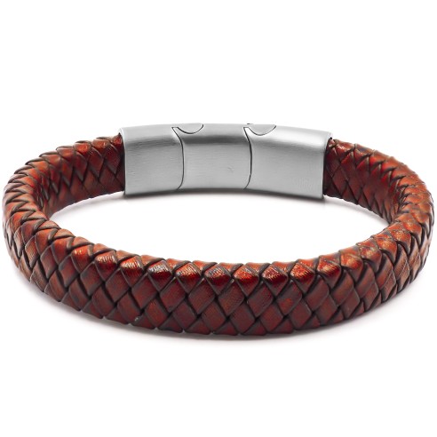 Bracelet acier pour homme - imitation cuir tressé rouge - 19,5+1,5cm