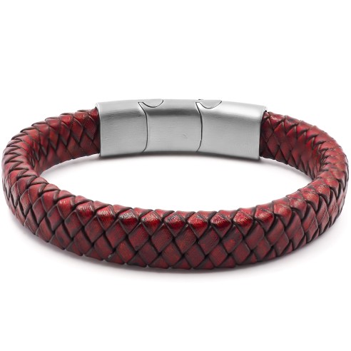 Bracelet acier pour homme - imitation cuir tressé marron - 19,5+1,5cm