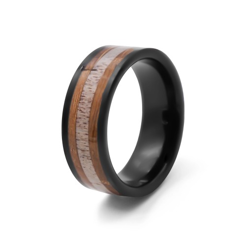 Bague en tungstène - PVD noir - bois de cerf et bois koa incrusté - largeur 8mm - Taille 58 à 70