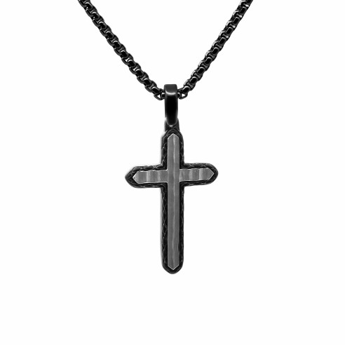 Collier en acier - base PVD noir - finition martelée blanche - croix 30x20mm -  longueur 45+10cm