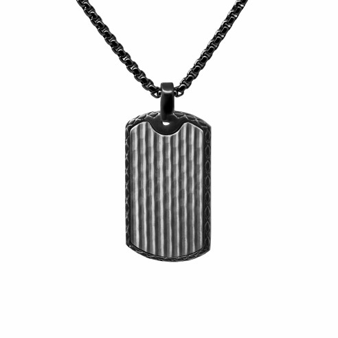 Collier en acier - base PVD noir - finition martelée blanche - plaque 38x22mm -  longueur 45+10cm