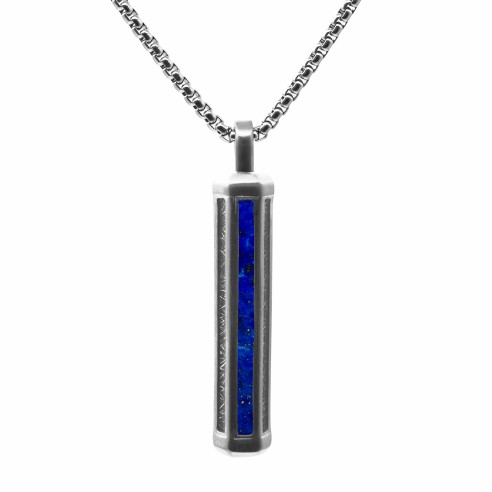 Collier en acier - imitation météorite noire incrustée -  lapis lazuli - finition brossée - 50+10cm