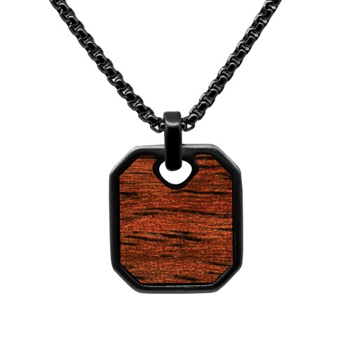 Collier en acier - PVD noir - bois koa incrusté - pendant 23x20mm - 45+10cm