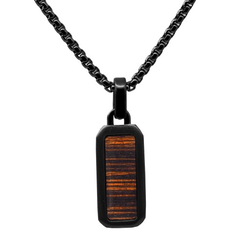 Collier en acier - PVD noir - bois teinté incrusté - pendant 19x10mm - 45+10cm