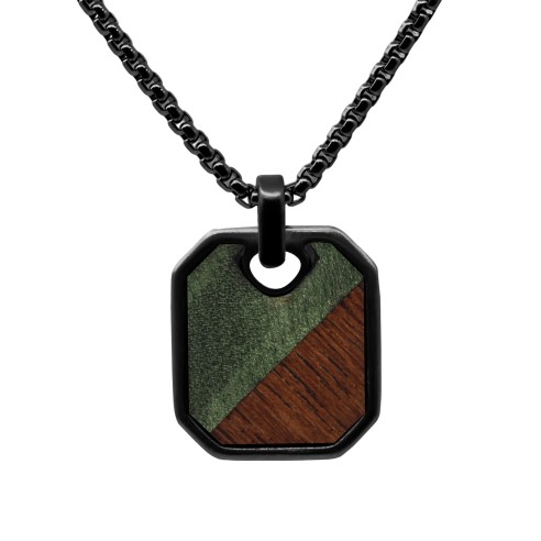 Collier en acier - PVD noir - bois koa incrusté - pendant 23x20mm - 45+10cm