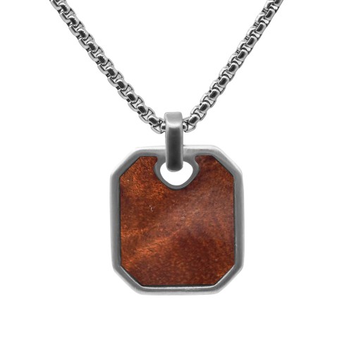 Collier en acier - PVD noir - bois teinté incrusté marron - pendant 23x20mm - 45+10cm