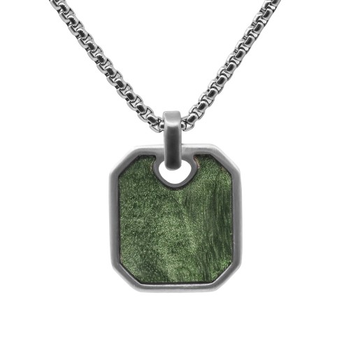 Collier en acier - PVD noir - bois teinté incrusté vert - pendant 23x20mm - 45+10cm