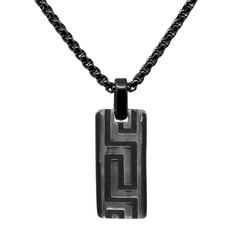 Collier en acier - PVD noir - signe aztec - plaque 28x13mm - 45+10cm