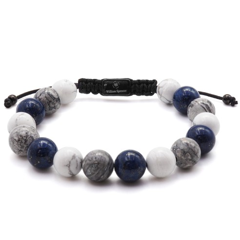 Bracelet acier - PVD noir - jaspe, sodalite & howlite - diamètre des billes 10mm - coton noir réglable 18-23cm