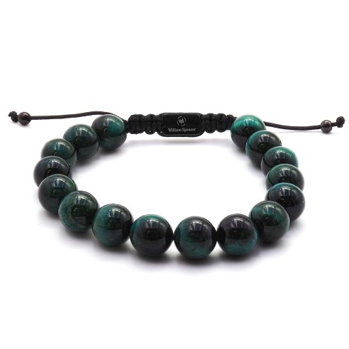 Bracelet acier - PVD noir - œil de tigre vert - diamètre des billes 10mm - coton noir réglable 18-23cm