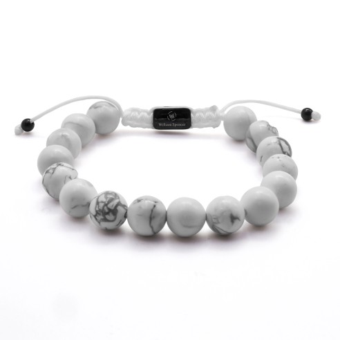 Bracelet acier - PVD noir - howlite blanche - diamètre des billes 10mm - coton blanc réglable 18-23cm