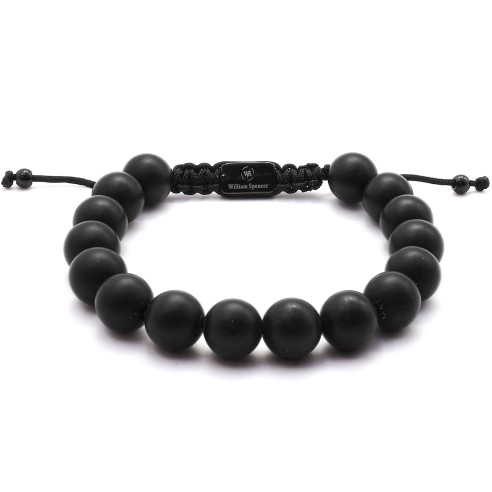 Bracelet acier - PVD noir - onyx - diamètre des billes 10mm - coton noir réglable 18-23cm