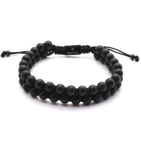 Bracelet acier - PVD noir - onyx - double rangs - diamètre des billes 6mm - coton noir réglable 18-23cm