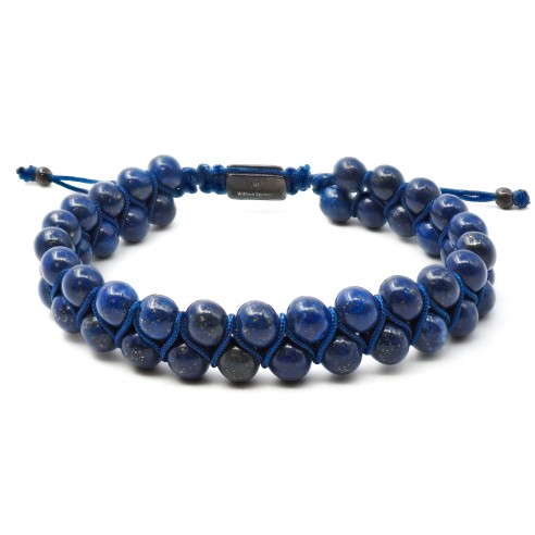 Bracelet acier - PVD noir - lapis lazuli - double rangs - diamètre des billes 6mm - coton bleu foncé réglable 18-23cm