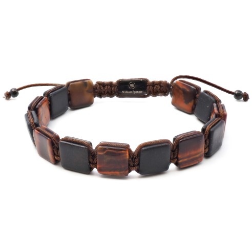 Bracelet acier - PVD noir - pierres carrés onyx finition matte et œil de taureau 10x10mm - coton marron réglable 18-23cm