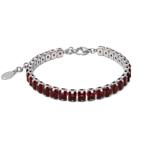 Bracelet acier - imitation rubis carrés facettés 4x4mm - 15+5cm