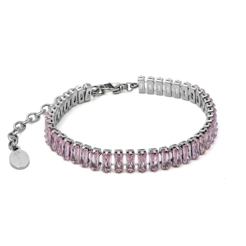 Bracelet acier - zircons rose rectangulaires facettés 2x4mm - 15+5cm