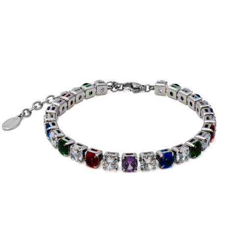 Bracelet acier - zircons blanc, violet, vert, bleu et rouge ronds facettés 5mm - 15+5cm