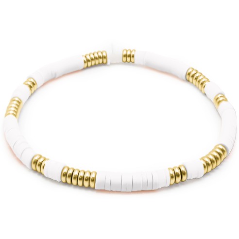 Bracelet acier élastique - PVD doré - céramique douce teintée blanche - 18cm