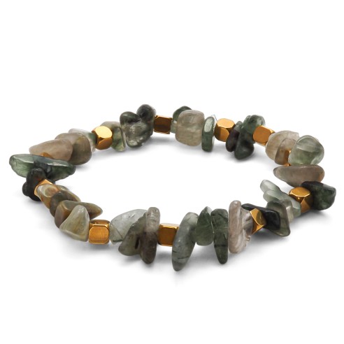 Bracelet acier élastique - PVD Doré - quartzite verte brute 6-8mm - 18cm