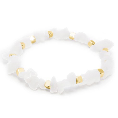 Bracelet acier élastique - PVD Doré - jade blanche brute 6-8mm - 18cm