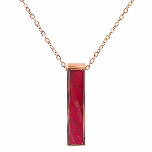 Collier acier - PVD rosé - bois teinté rose - 32x7mm - 45+10cm