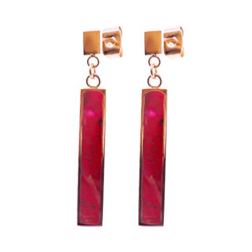 Boucles d'oreilles acier - PVD rosé - bois teinté rose - 25x5mm