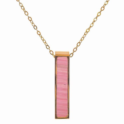 Collier acier - PVD doré - bois teinté rose clair  - 32x7mm - 45+10cm