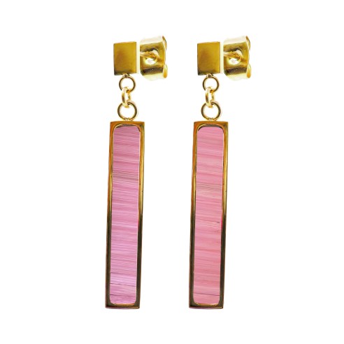 Boucles d'oreilles - PVD doré - bois teinté rose clair  - 25x5mm