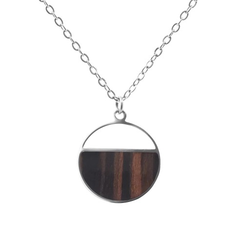 Collier acier -  bois teinté noir et marron - diamètre 22mm - 42+10cm