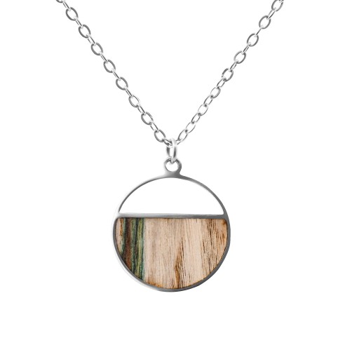 Collier acier - bois teinté vert et marron - diamètre 22mm - 42+10cm