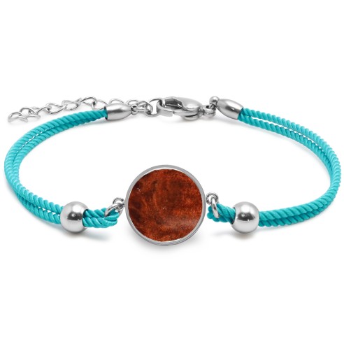 Bracelet acier - coton bleu cyan - bois teinté marron - diamètre 15mm - 15+5cm