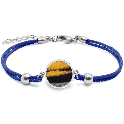 Bracelet acier - coton bleu marine - bois teinté noir, bleu et jaune - diamètre 15mm - 15+5cm