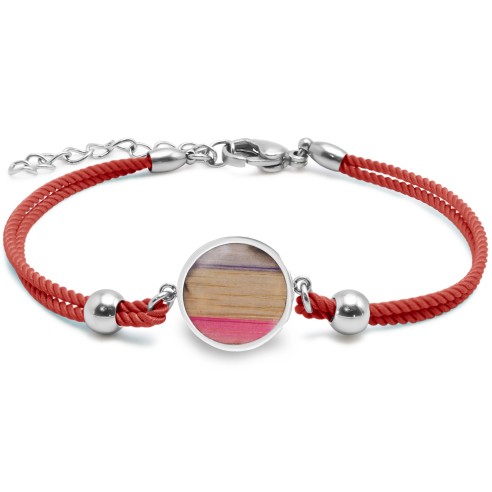 Bracelet acier - coton rouge - bois teinté multicolore clair - diamètre 15mm - 15+5cm