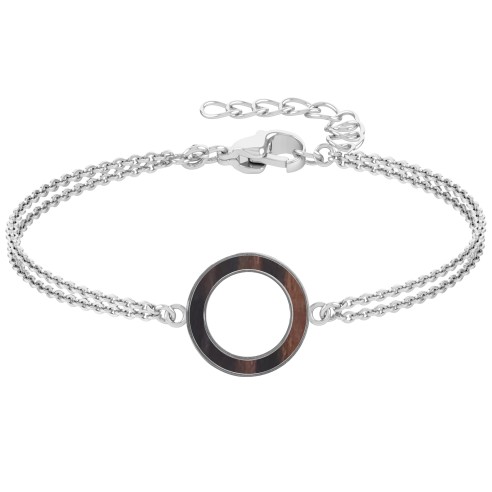 Bracelet acier - double chaine - bois teinté noir et marron - diamètre 18mm - épaisseur - 3mm - 15+5cm