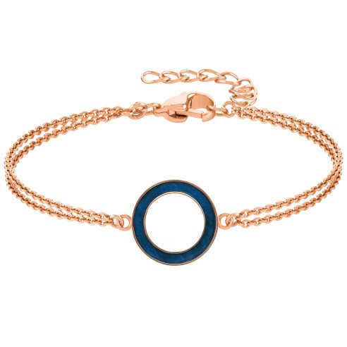 Bracelet acier - PVD rosé- double chaine - bois teinté bleu - diamètre 18mm - épaisseur - 3mm - 15+5cm