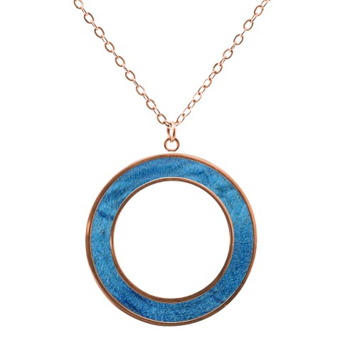 Collier acier - PVD rosé - bois teinté bleu - diamètre 30mm - épaisseur - 5mm - 45+10cm